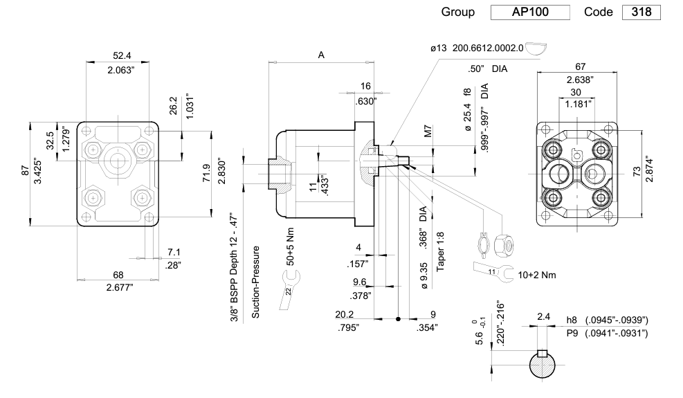 Bucher AP100 Clockwise Gear Pump, Group 1, 4.3CC, 25.4 Spigot, 1:8 Taper, 2.4 Keyway