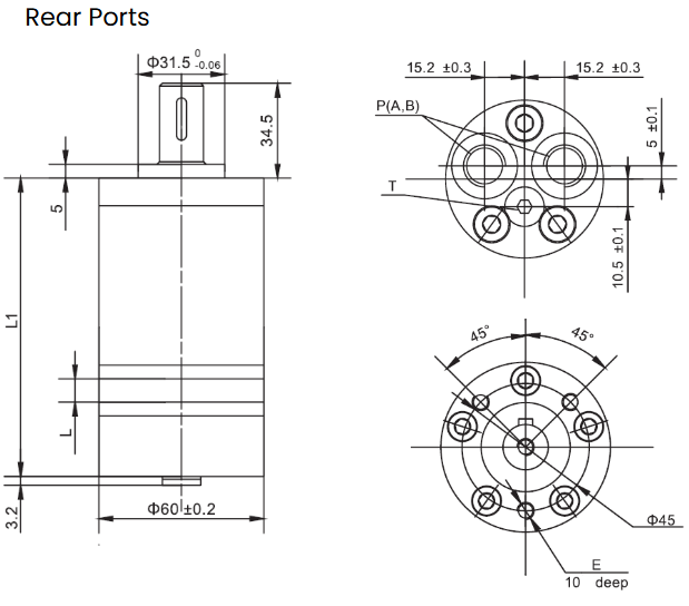 Flowfit Hydraulic Motor 31.6 cc/rev 16mm Parallel Keyed Shaft, Rear ports