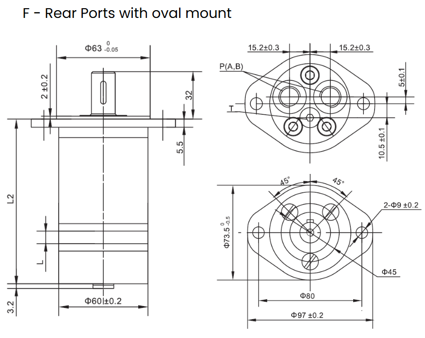 Flowfit Hydraulic Motor 19,9 cc/rev 16mm Parallel Keyed Shaft, oval mount, rear ports