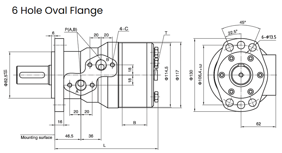 Unbranded Hydraulic Motor 255,9 cc/rev 6 Hole Magneto Flange 35mm Parallel Keyed Shaft