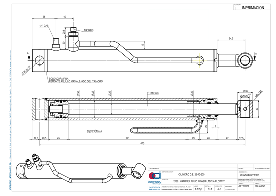 Hydraulic D/Acting Cylinder/Ram 40Bore 25Rod 270Stroke 470Closed Base Ports