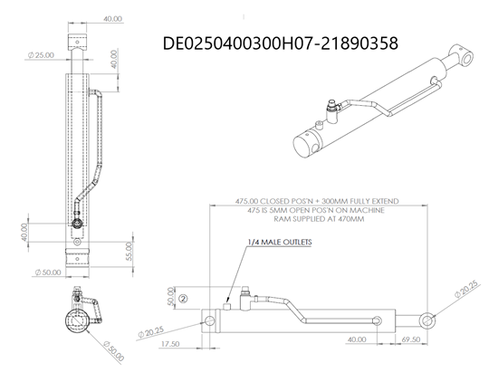 Hydraulic D/Acting Cylinder/Ram 40 Bore 25 Rod 300 Stroke 470 Closed Base Ports