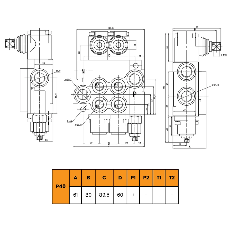 1 Bank 3/8" BSP 40 L/min Double Acting 3 Position Spring Return Hydraulic Monoblock Valve