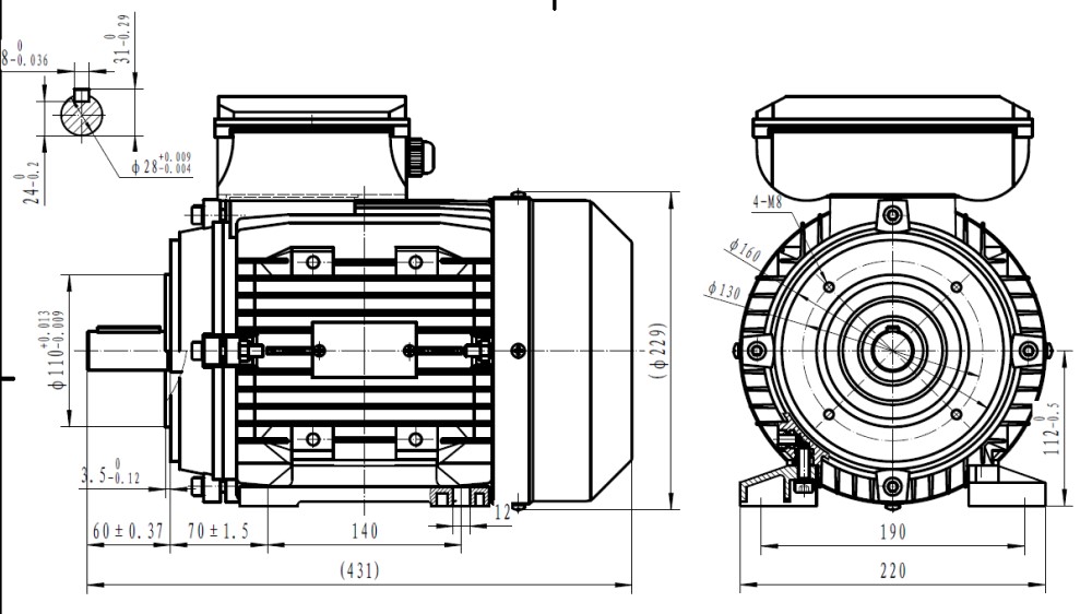 Single Phase 230v Electric Motor, 3.7Kw 2 pole 290rpm with flange and