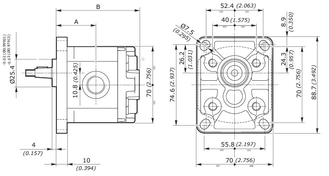 Galtech Hydraulic Gear Pump, Gp1, 0.89CC, Clockwise, 3/8" BSP Inlet, & Outlet, EU 4Bolt 1/8 Taper
