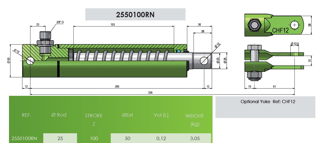 Hydraulic Single Acting Brake Cylinder/Ram 25Rod 100Stroke 240Closed