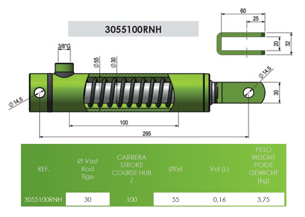 Hydraulic Single Acting Brake Cylinder/Ram, 30mm Rod, 100mm Stroke, 295mm Closed, Female Clevis, Ø14.5mm Pins