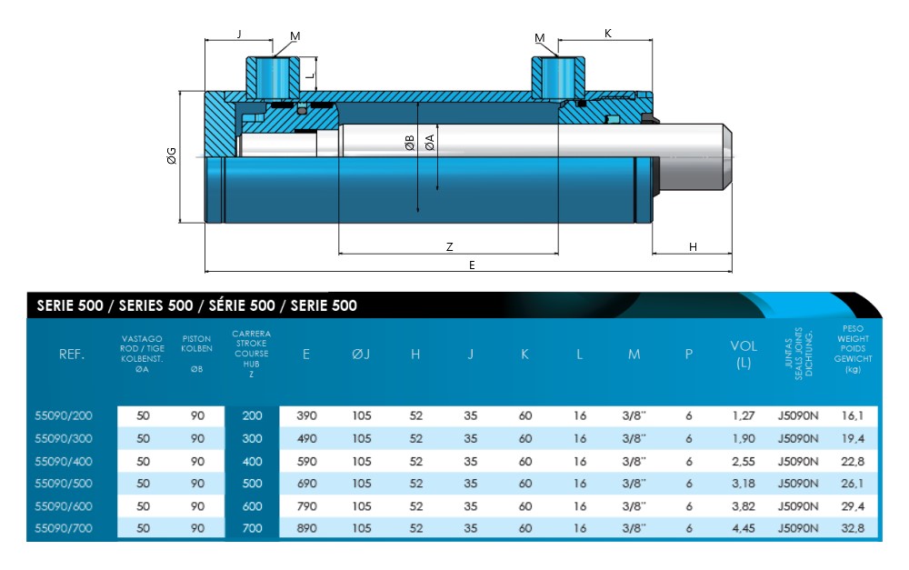 Hydraulic D/Acting Cylinder/Ram, No Ends 90Bore 50Rod 200Stroke 390Closed
