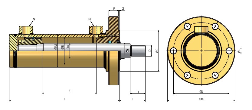 FRONT FLANGE, THREADED ROD, DOUBLE ACTING HYDRAULIC CYLINDER