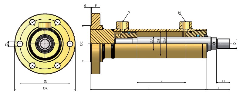 REAR FLANGE, THREADED ROD, DOUBLE ACTING HYDRAULIC CYLINDER