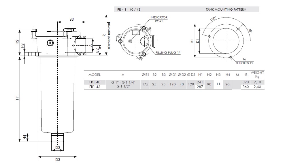 Hydraulic Tank top return line filter FR-1-40-C10-B-B-B7-0-C-MRB 1.1/2" 250 L/min Max