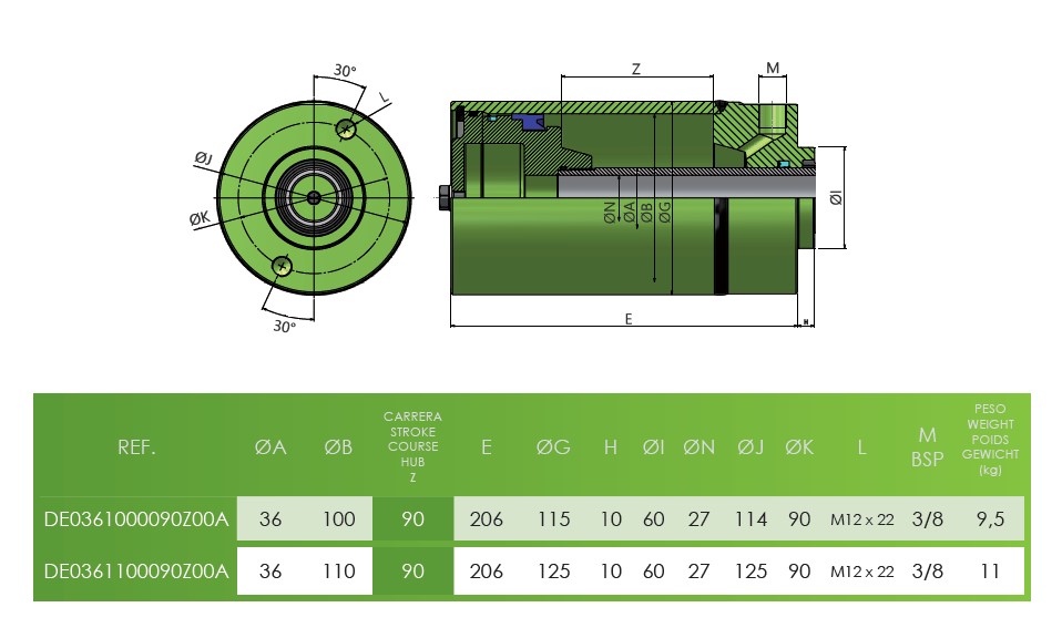 Hydraulic Pneumatic-Release Cylinder 100Bore 36Rod 90Stroke 206Closed DE0361100090Z00A