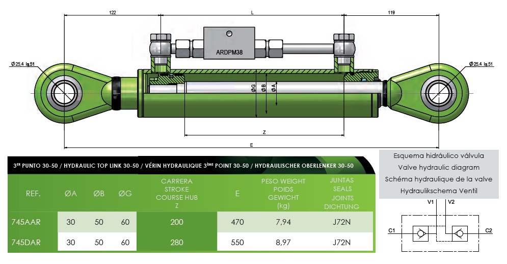 Hydraulic Top Link (Fixed Mount) Cylinder/Ram 50Bore 30Rod 200Stroke 470Closed 745AAR C/W DPO CHECK VALVE