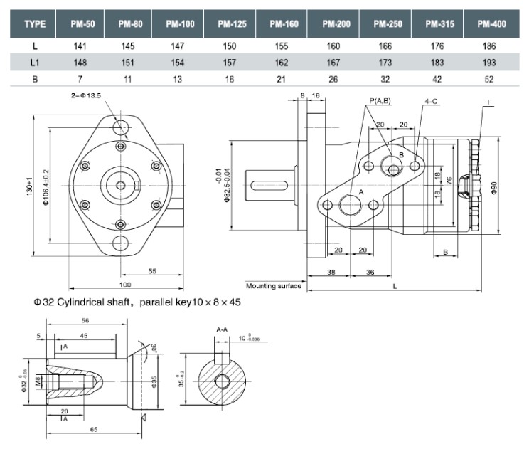 Unbranded Hydraulic Motor 98,6 cc/rev 32mm Parallel Keyed Shaft, 2 Hole Mount, High Pressure Seal