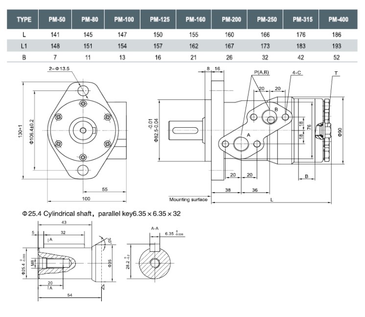 Flowfit Hydraulic Motor 51,2 cc/rev 1" inch Parallel Keyed Shaft, 2 Hole Mount, High Pressure Seal