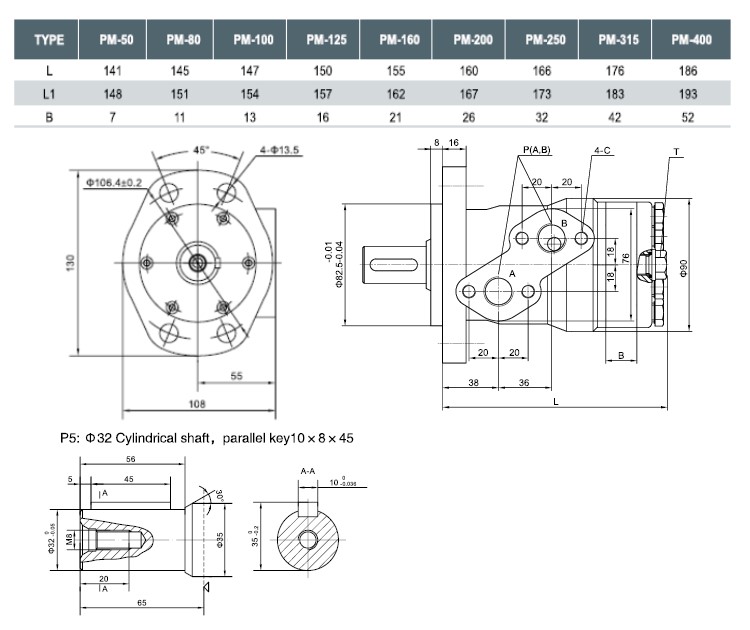 Hyd Motor 51,2cc 32mm Shaft Mag 4Blt Danfoss OMPF Style