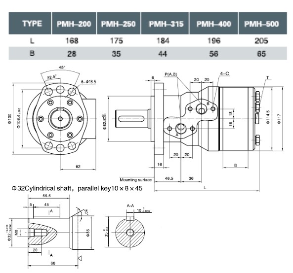 Hydraulic Motor 489,2 cc/rev G 1/2 32mm Parallel Keyed Shaft, Unbranded