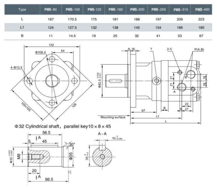 Flowfit Hydraulic Motor 475 cc/rev 32mm Straight Shaft, Parallel key, 4 Hole Mount