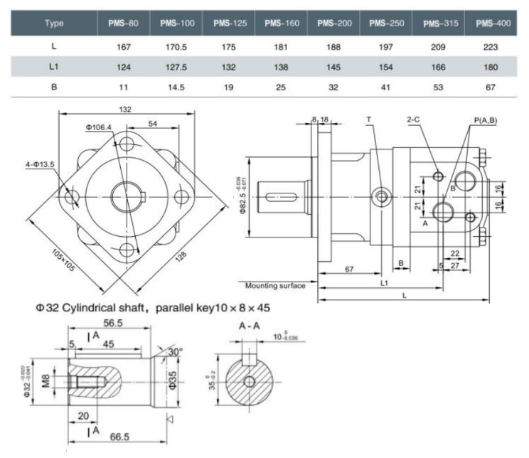 Unbranded Hydraulic Motor 99,8 cc/rev 32mm Straight Shaft, Parallel key, 4 Hole Mount