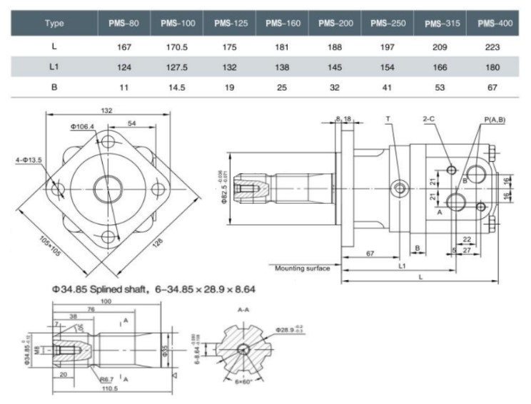 Hydraulic motor 80,8 cc/rev p.t.o. male shaft 1 3/8" Danfoss OMS Style
