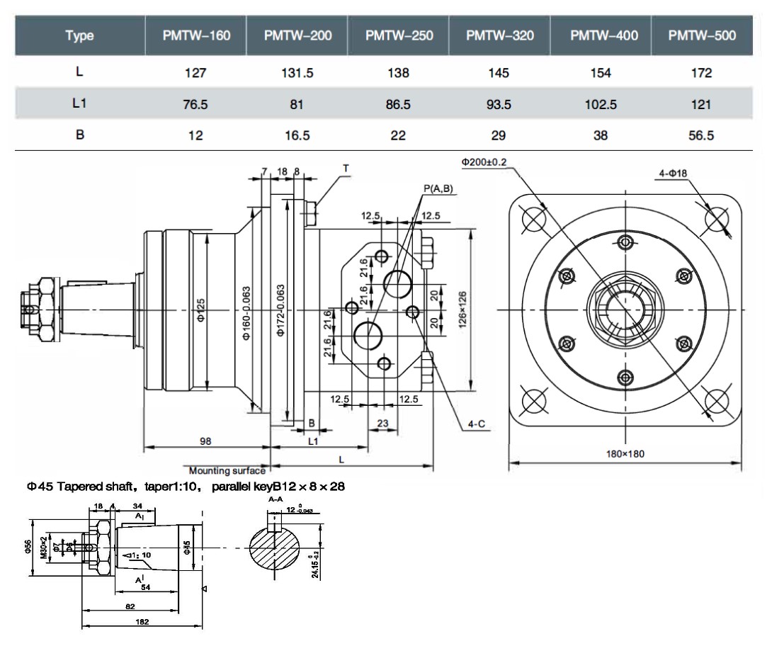 Flowfit Hydraulic Motor 158,8 cc/rev wheel mount tapered Shaft 1:10