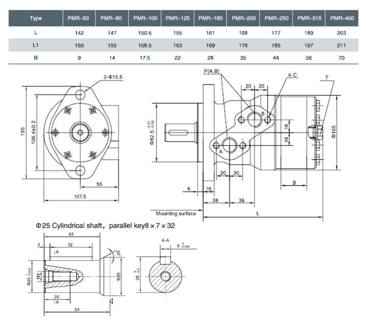 Flowfit Hydraulic Motor 51.7 cc/rev 25mm Parallel Keyed Shaft, 2 Hole Mount, High Pressure Seal