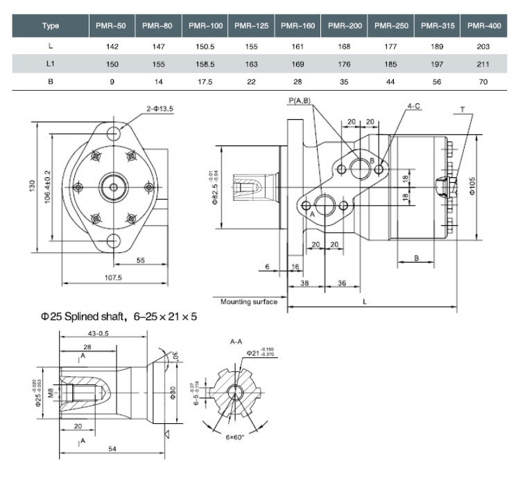 Flowfit Hydraulic Motor 51.7 cc/rev SAE 1 inch 6B Splined Shaft, 2 Hole Mount, High Pressure Seal