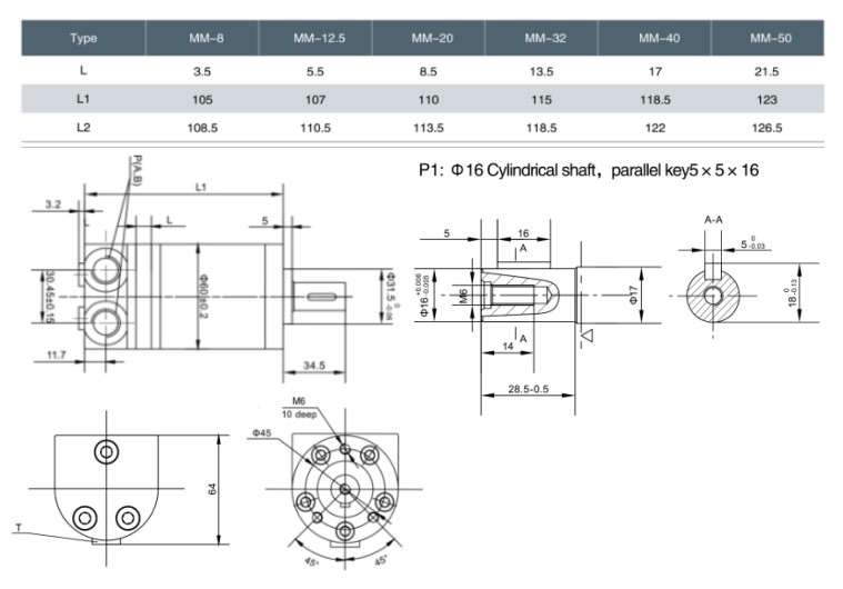 Flowfit Hydraulic Motor 50,3 cc/rev 16mm Parallel Keyed Shaft, Side ports Flowfit Hydraulic Motor 50,3 cc/rev 16mm Parallel Keyed Shaft, Side ports