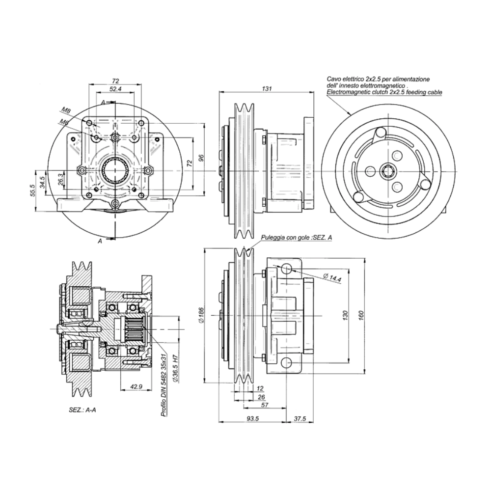 Borelli 12V DC 210 Nm Hydraulic Electromagnetic Clutch with V-Belt Pulley – Group 2 Flange Borelli 12V DC 210 Nm Hydraulic Electromagnetic Clutch with V-Belt Pulley – Group 2 Flange