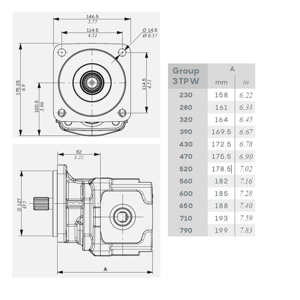 Walvoil 3TPW Hydraulic Cast Iron Gear Pump, Group 3, 52CC, Clockwise, SAE J5-1, 39mm Inlet & 25mm Outlet, SAEC4F 4 Bolt 14T Spline