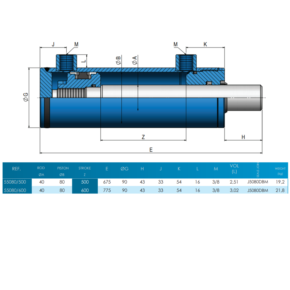 Hydraulic D/Acting Cylinder/Ram, No Ends 80Bore 50Rod 500Stroke 675Closed