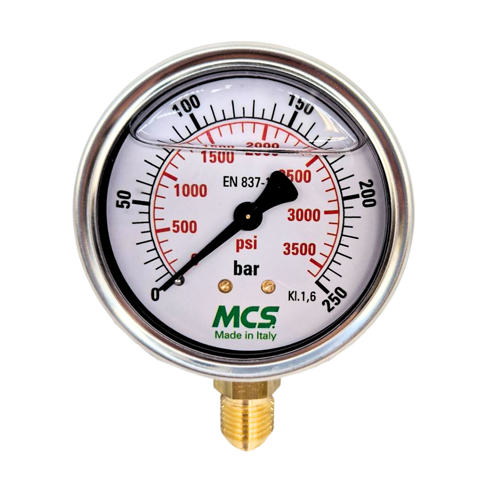 MCS 100mm High Quality Hydraulic Pressure Gauge, 0-10 Bar, 140 PSI, 1/2" BSP, Base Entry