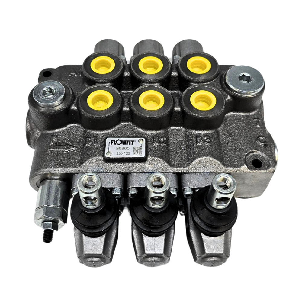Flowfit 3 Bank Monoblock Valve, 1/2 BSP, 90 L/Min Double Acting Cylinder Spool 3 Positions
