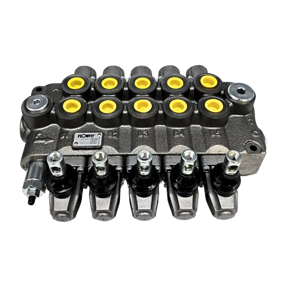 Flowfit 5 Bank Monoblock Valve, 1/2 BSP, 90 L/Min Double Acting Cylinder Spool 3 Positions