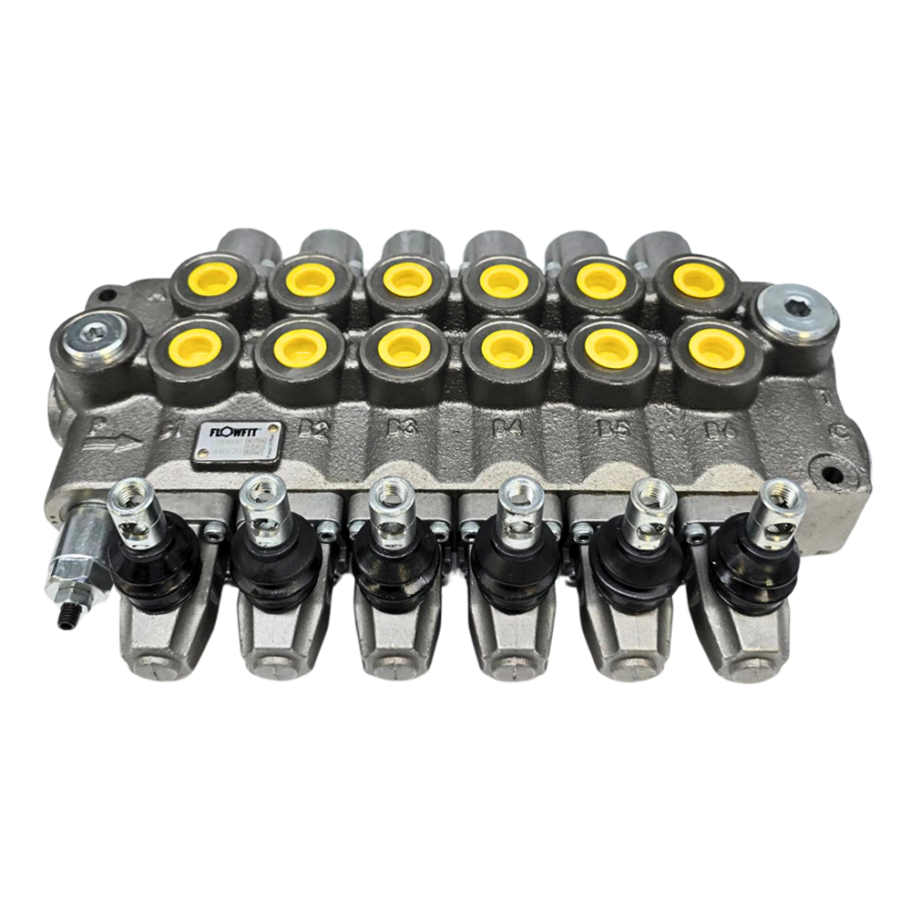 Flowfit 6 Bank Monoblock Valve, 1/2 BSP, 90 L/Min Double Acting Cylinder Spool 3 Positions
