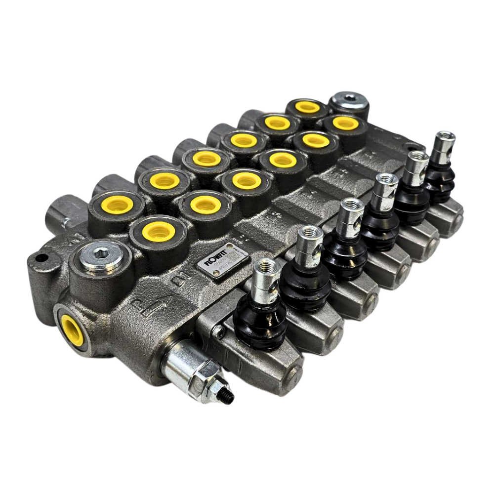 Flowfit 6 Bank Monoblock Valve, 1/2 BSP, 90 L/Min Double Acting Cylinder Spool 3 Positions