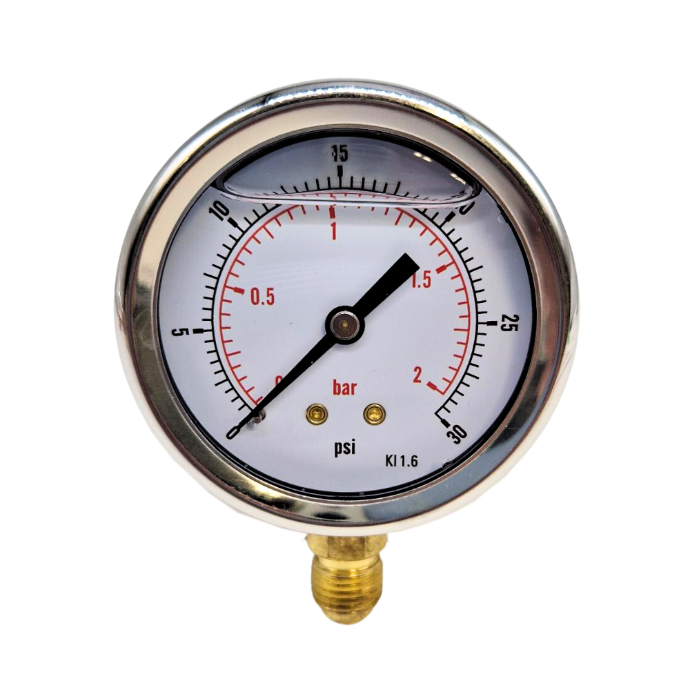 63mm Glycerine Filled Hydraulic Pressure Gauge, 0-30 PSI (2 Bar), 1/4" BSPP, Base Entry