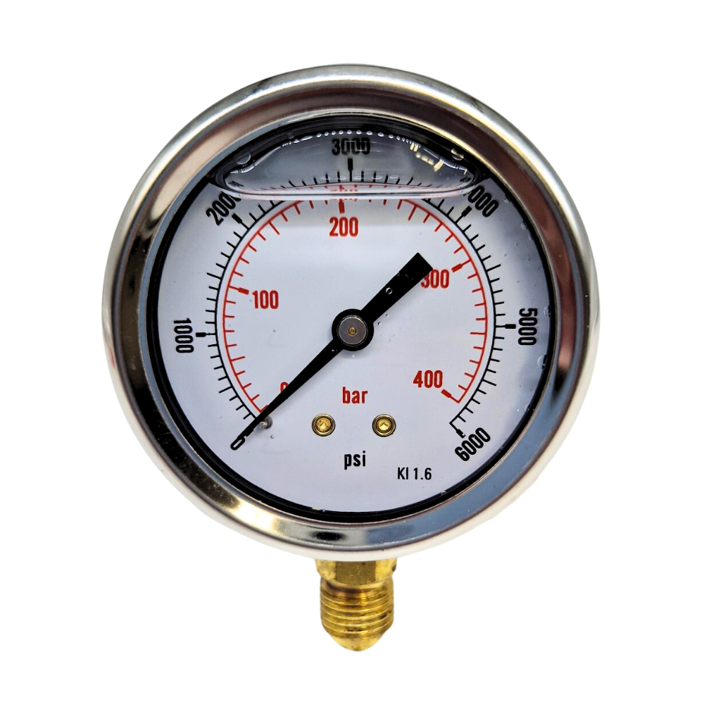 63mm Glycerine Filled Hydraulic Pressure Gauge, 0-6000 PSI (414 Bar), 1/4" BSPP, Base Entry 63mm Glycerine Filled Hydraulic Pressure Gauge, 0-6000 PSI (414 Bar), 1/4" BSPP, Base Entry
