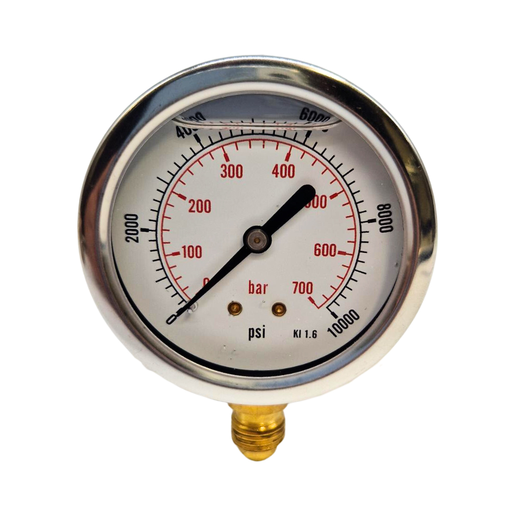 63mm Glycerine Filled Hydraulic Pressure Gauge, 0-10000 PSI (690 Bar), 1/4" BSPP, Base Entry 63mm Glycerine Filled Hydraulic Pressure Gauge, 0-10000 PSI (690 Bar), 1/4" BSPP, Base Entry