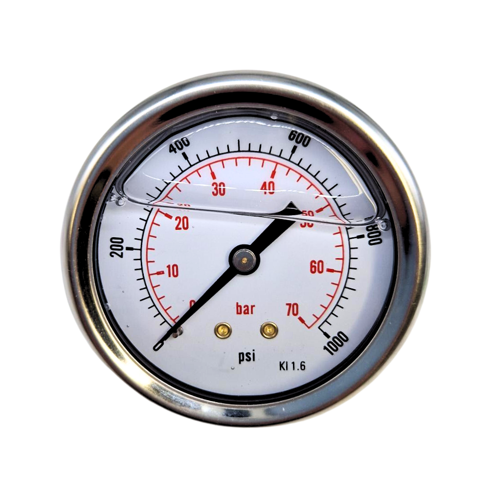 63mm Glycerine Filled Hydraulic Pressure Gauge, 0-1000 PSI (70 Bar), 1/4" BSPP, Rear Entry