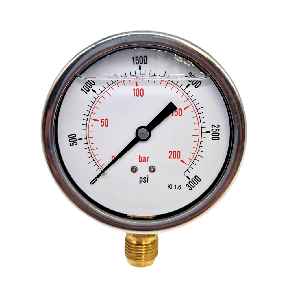 100mm Glycerine Filled Hydraulic Pressure Gauge, 0-3000 PSI (207 Bar), 1/2" BSP, Base Entry 100mm Glycerine Filled Hydraulic Pressure Gauge, 0-3000 PSI (207 Bar), 1/2" BSP, Base Entry