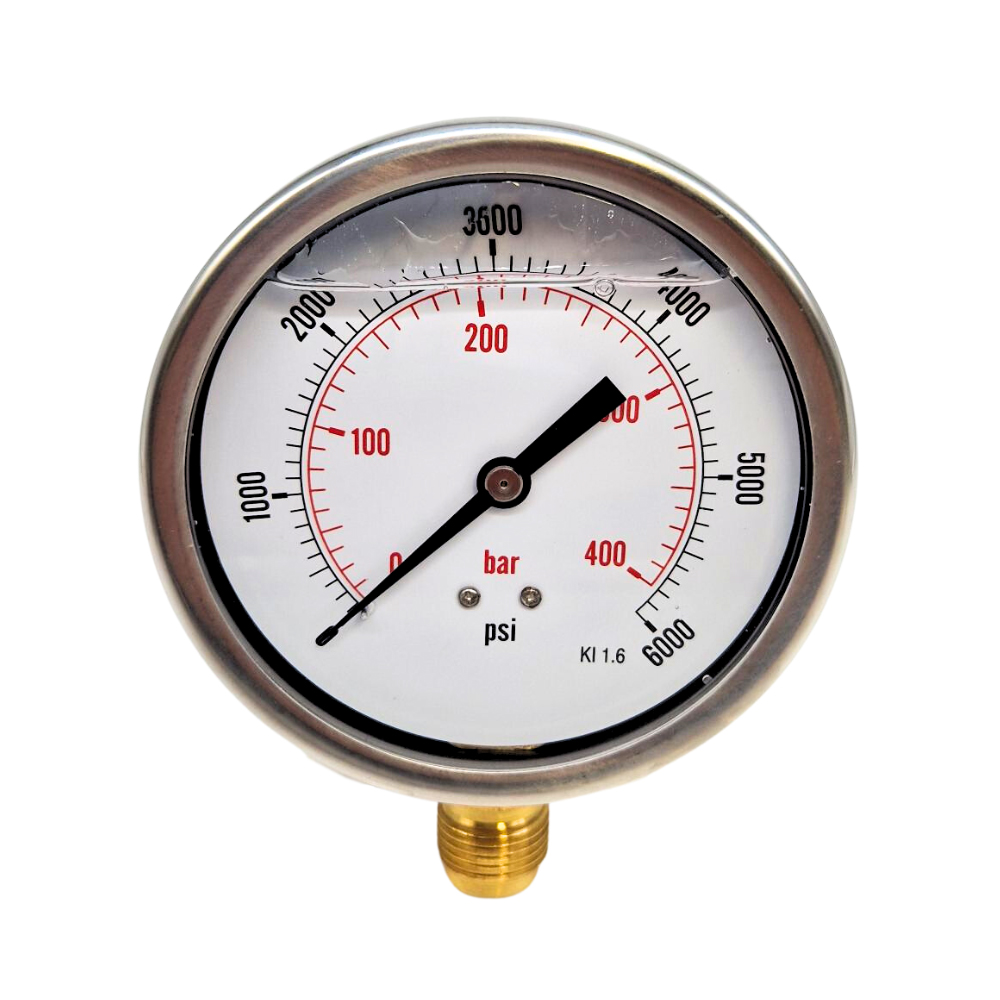 100mm Glycerine Filled Hydraulic Pressure Gauge, 0-6000 PSI (414 Bar), 1/2" BSP, Base Entry 100mm Glycerine Filled Hydraulic Pressure Gauge, 0-6000 PSI (414 Bar), 1/2" BSP, Base Entry