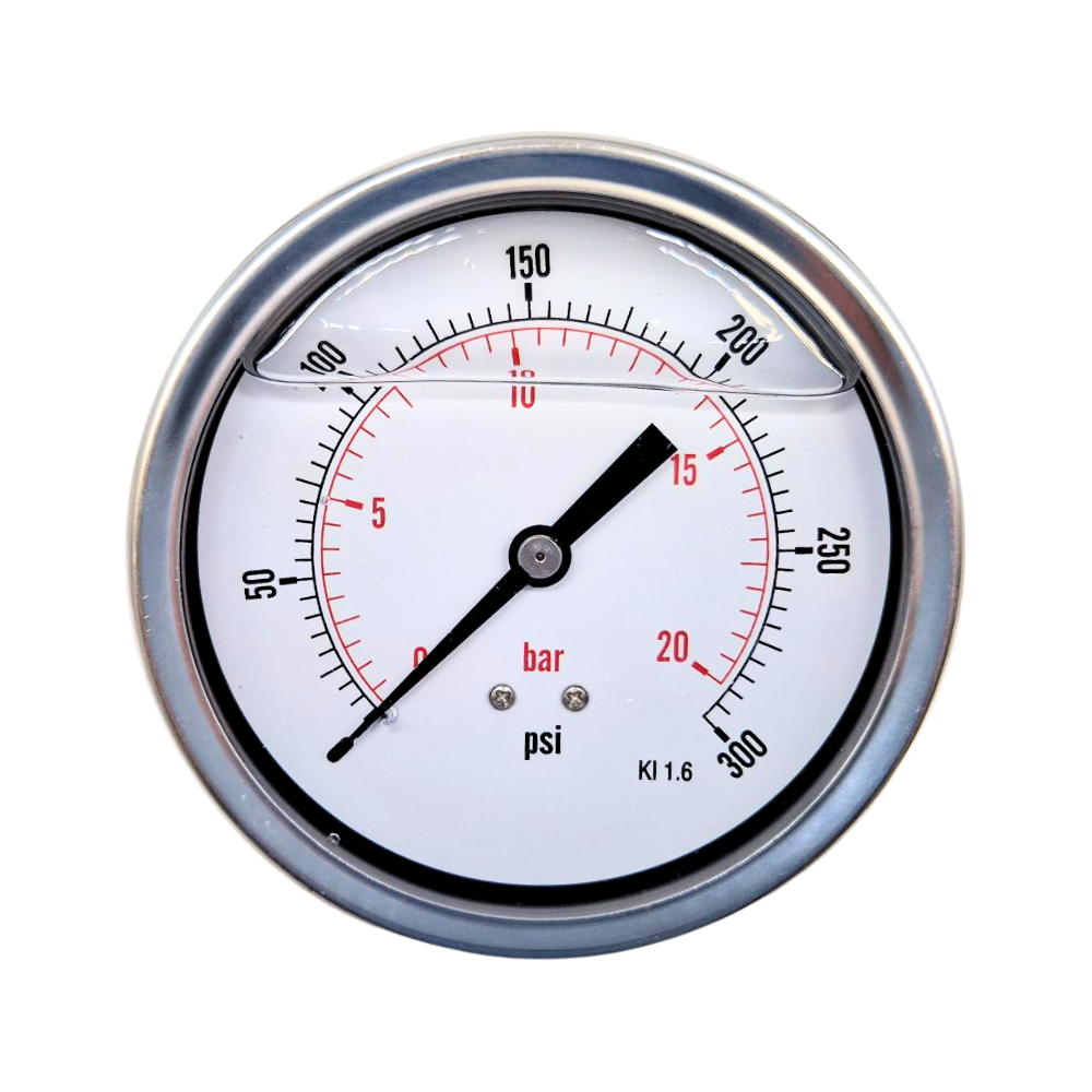 100mm Glycerine Filled Hydraulic Pressure Gauge, 0-300 PSI (21 Bar), 1/2" BSP, Rear Entry 100mm Glycerine Filled Hydraulic Pressure Gauge, 0-300 PSI (21 Bar), 1/2" BSP, Rear Entry