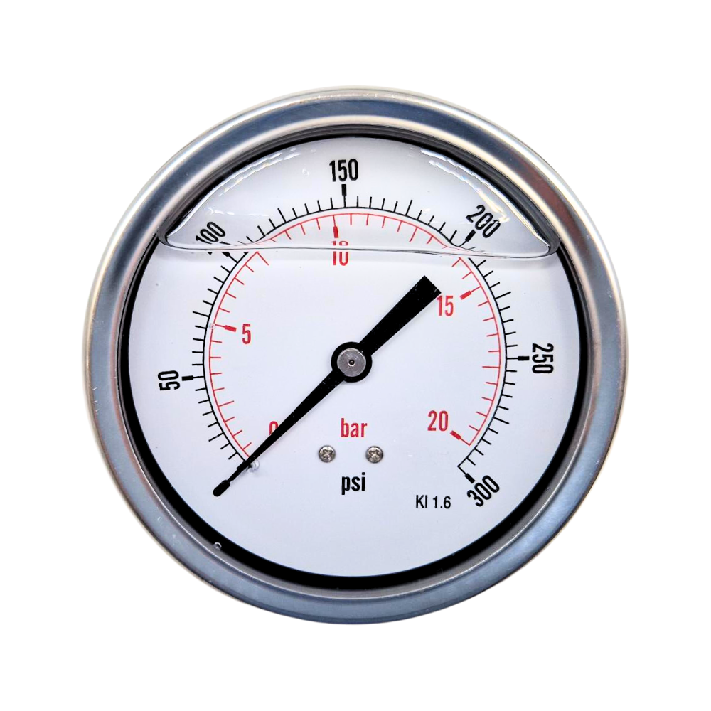 100mm Glycerine Filled Hydraulic Pressure Gauge, 0-300 PSI (21 Bar), 1/2" BSP, Rear Entry