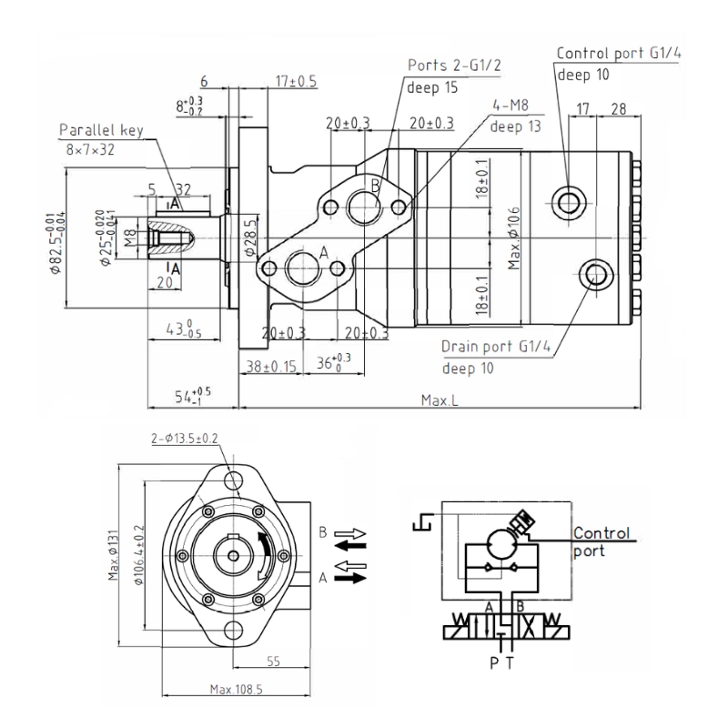 80cc, 2 Bolt Mount, 25mm Parallel Keyed Shaft, Hydraulic Brake Motor, External Pilot, 300Nm Brake