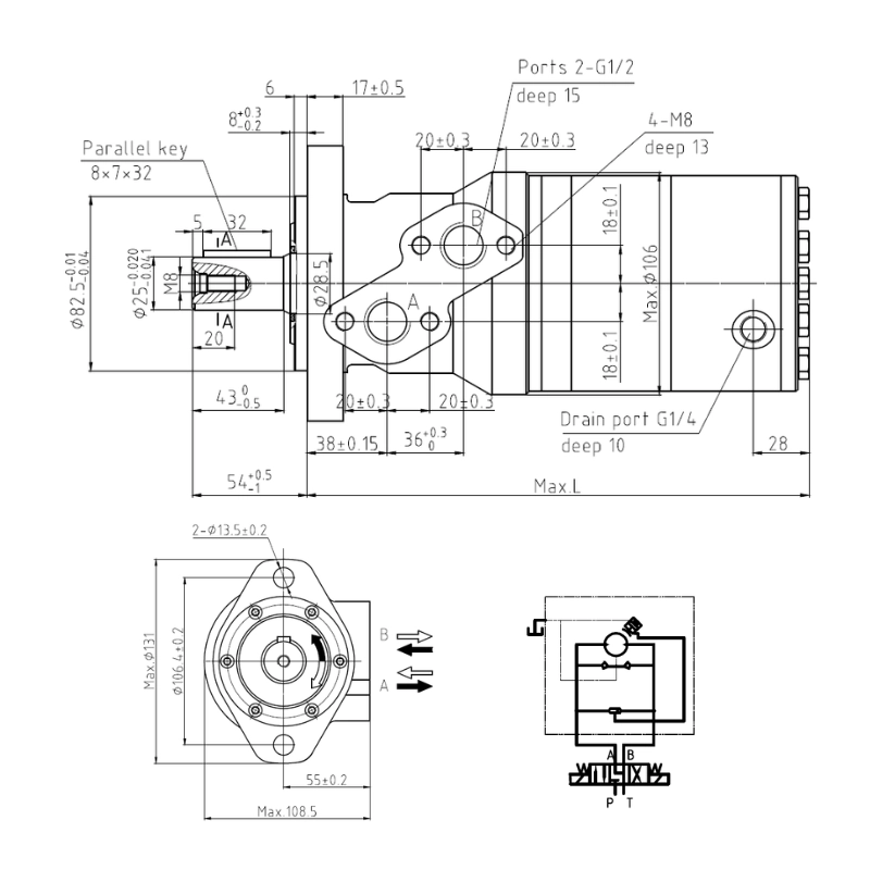 200cc, 2 Bolt Mount, 25mm Parallel Keyed Shaft, Hydraulic Brake Motor, Internal Pilot, 500Nm Brake