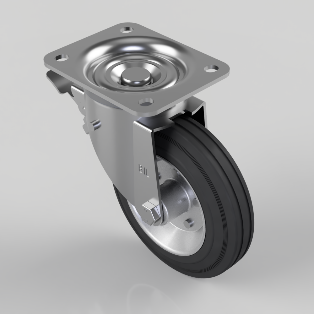 Black Rubber Pressed Steel Plate Swivel Castor Brake 160mm 160kg Load Black Rubber Pressed Steel Plate Swivel Castor Brake 160mm 160kg Load