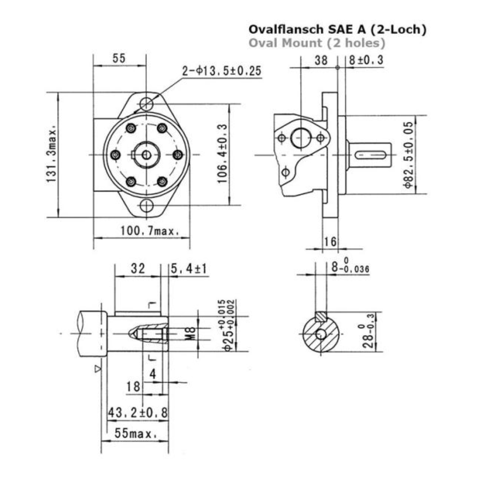 400CC, 2 Bolt Mount, 25mm Parallel Keyed Shaft, Low Speed High Torque Hydraulic Motor