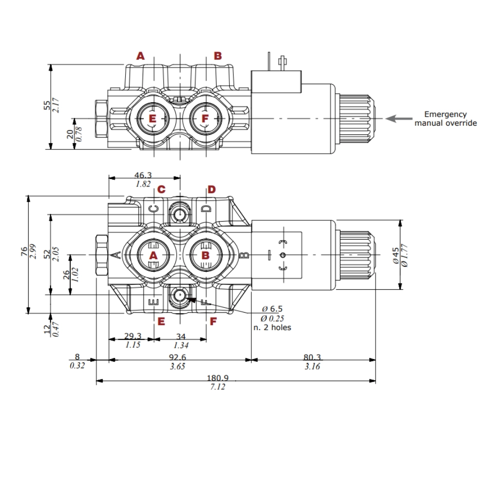 Walvoil DFE052 Solenoid Diverter Valve 6 Way 3/8" BSP, 12V DC, Closed Centre, Drain Port, 60 L/min, 315 Bar, Galvanized