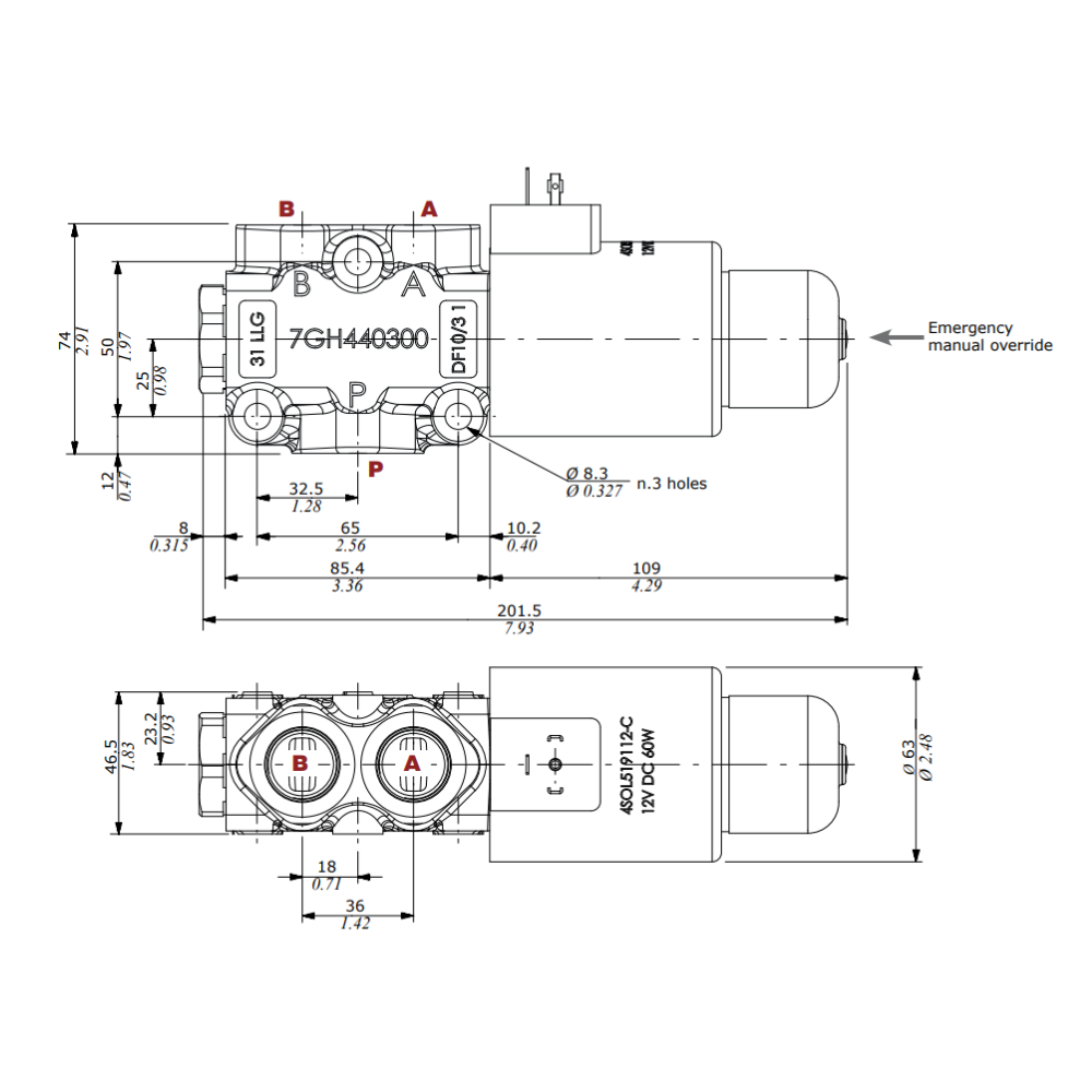 Walvoil, 12V DC, 3 Ways, 1/2" BSP, Open Centre, Galvanized Solenoid Diverter Valve, DFE102/3A18ES-W202-12VDC-CRZ